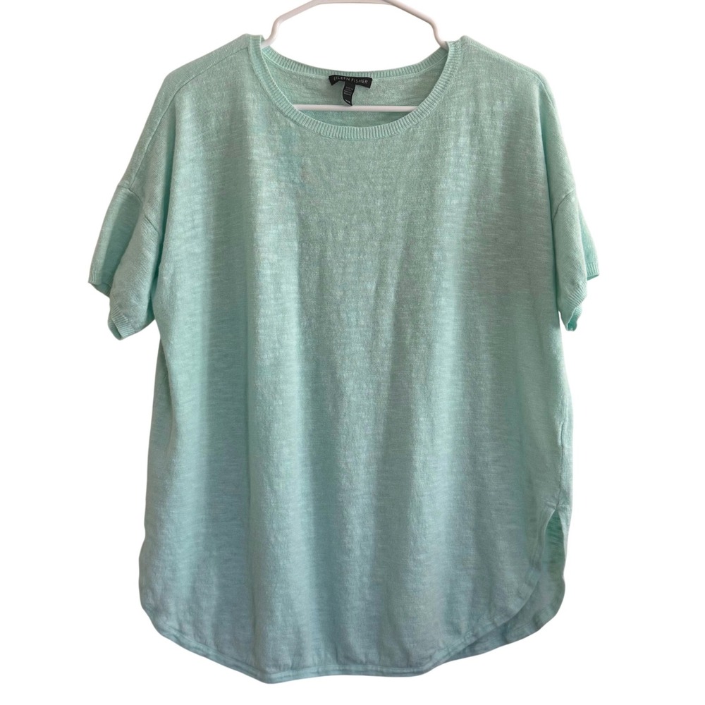 Eileen Fisher Organic Linen Tee Turquoise Short Cuffed Sleeve Curved Hem Size M